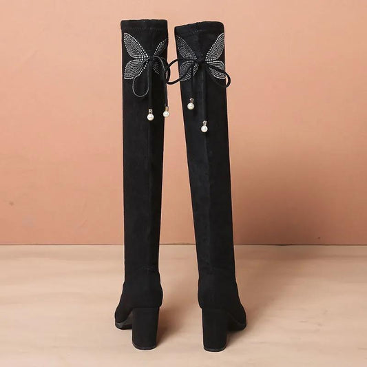 Skinny Over-the-knee Boots Women's High-heeled High-tube Elastic Thick-heeled 6cm Rhinestone Fashion Boots