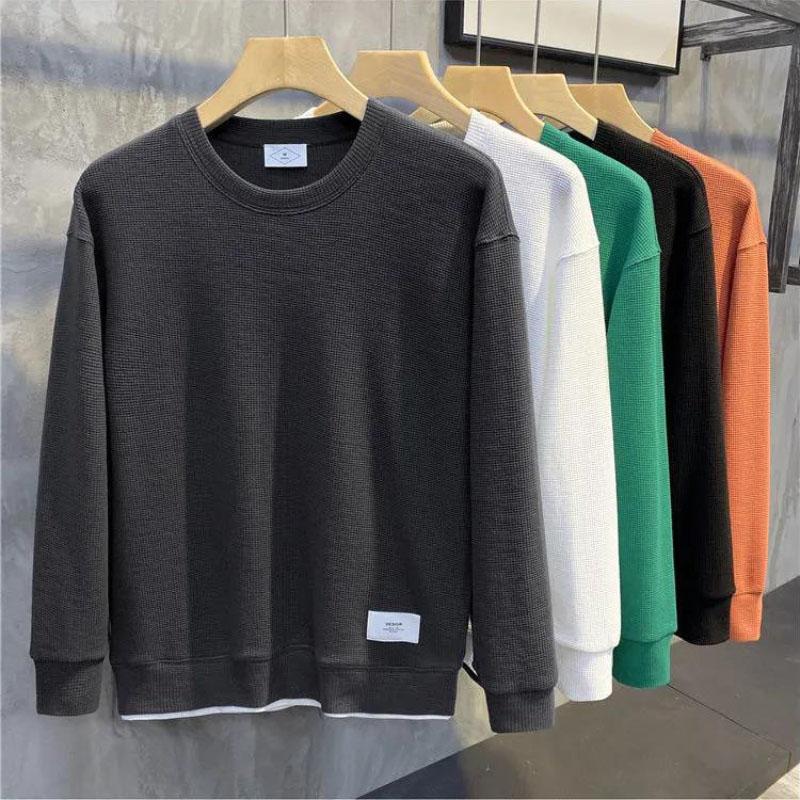Solid Color Labeling Waffle Round Neck Pullover Loose Version Casual Sweater Men's Long-sleeved Top