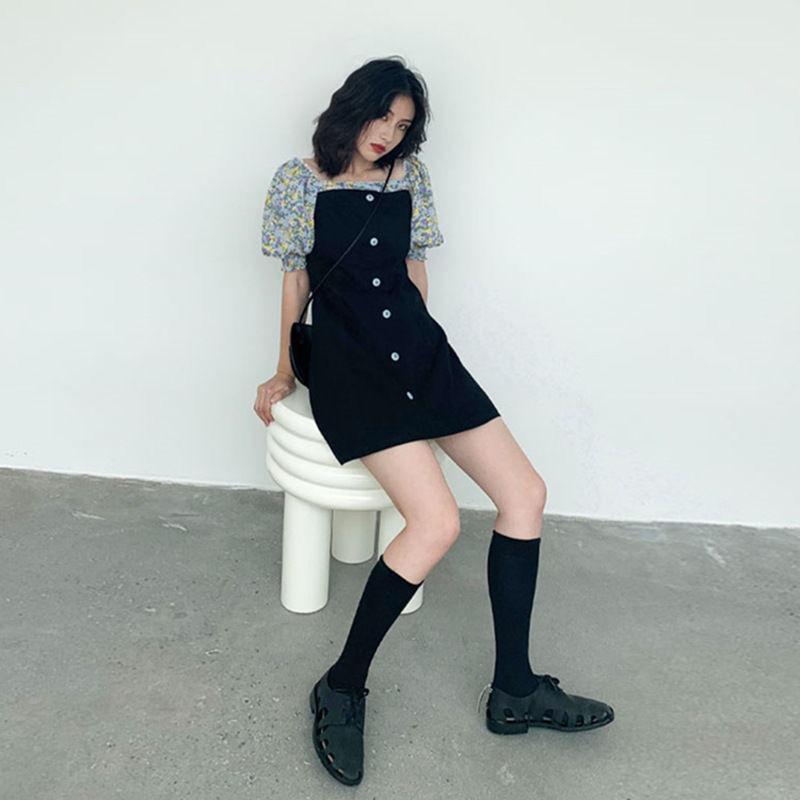 Female Summer Simple French Vintage Elegant Small Square Neck Floral Chiffon Splicing Puff Sleeve Short Dress