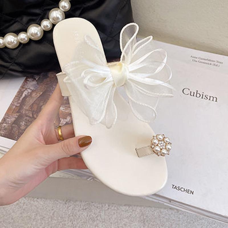 Fairy Slippers Japanese Sweet Mesh Bowknot Rhinestone Pearl Lace Set Toe Flat Beach Sandals