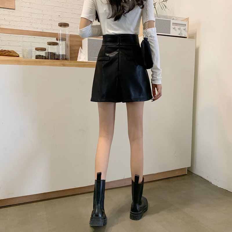 High Waist Wide Leg Leather Shorts Women Autumn and Winter Irregular A-line Skirt Pants Korean Version of The Wild Thin Ins Boot Pants