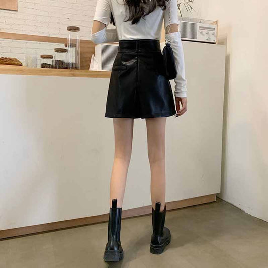 High Waist Wide Leg Leather Shorts Women Autumn and Winter Irregular A-line Skirt Pants Korean Version of The Wild Thin Ins Boot Pants