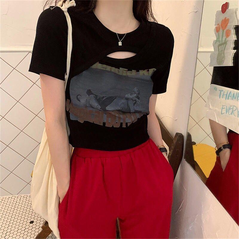 Summer Women's Fashion Asymmetry Tops Sexy Short Sleeve Solid Color Slim T-shirt