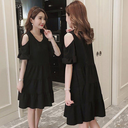 Women's Mid-length Loose Off-shoulder Round Neck Short-sleeved Dress Loose Simple Style Fabric Light and Breathable Comfortable Loose Dress