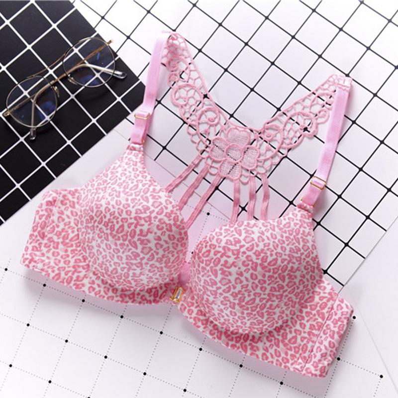 Leopard Print Beauty Back Front Buckle No Steel Ring Thick Adjustable Bra Gathering Breathable Comfortable Side Closure Sexy Ladies Bra