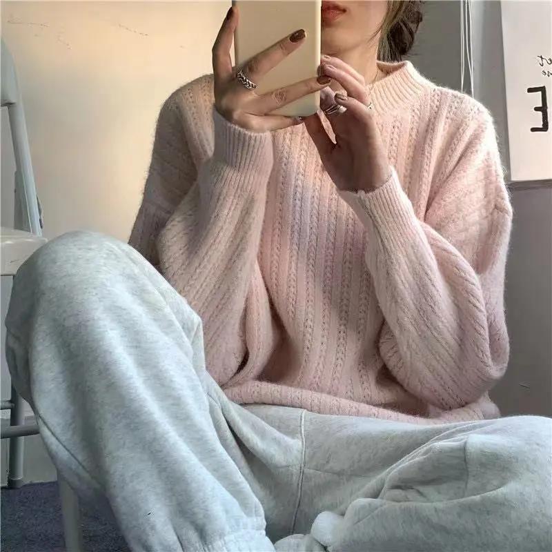 Women's Lazy Wind Soft Outer Sweater Solid Color Round Neck Long Sleeve Sweater