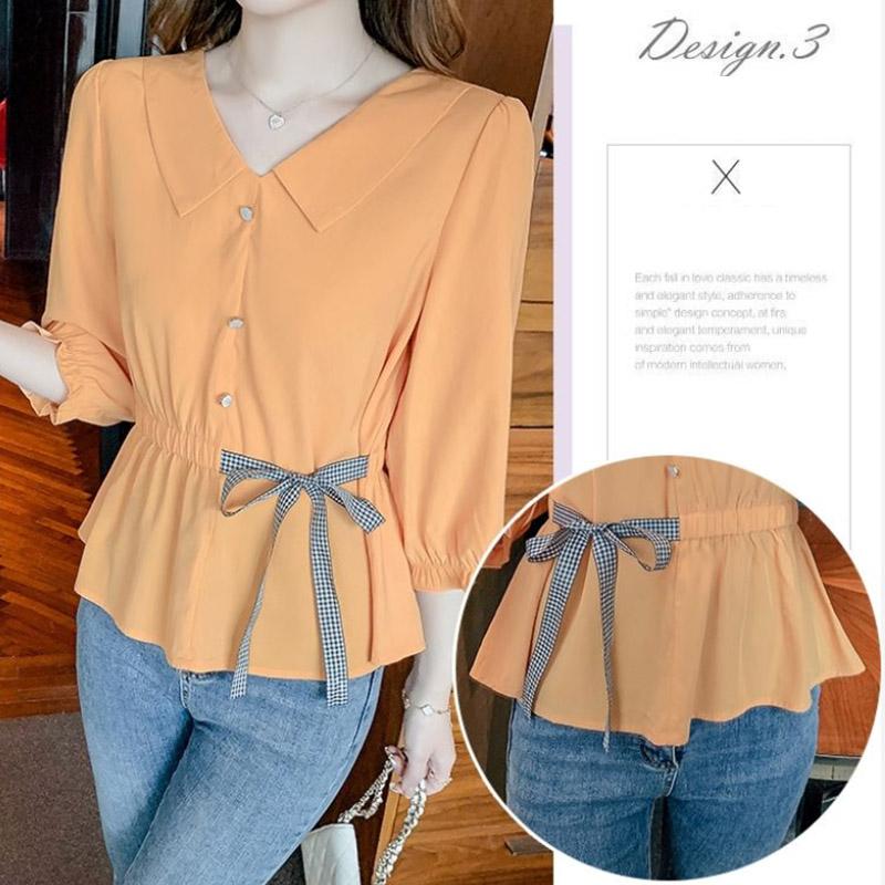 Doll Collar Shirt Women's Summer Lace Waist Cover Belly Shirt Three-quarter Sleeves