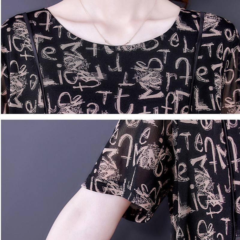 Plus Size Women's Clothes Covering Belly To Show Thin Mesh Print Mid Length Dress Round Neck Short Sleeve Casual Loose Dress