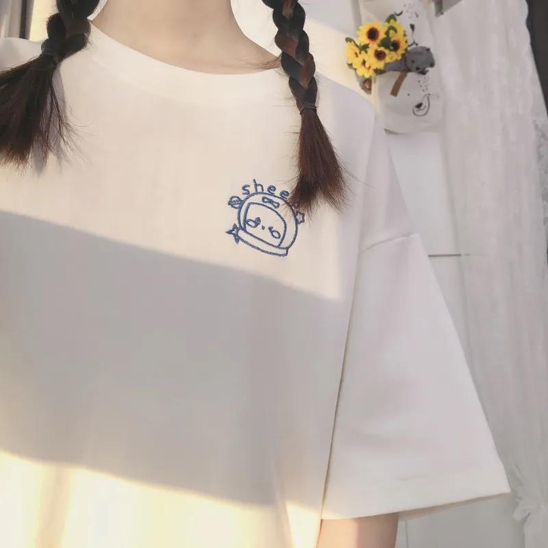 Womens Loose Astronaut Planet Embroidery Fashion Summer T-shirt Round Neck Short-sleeve Basic Casual Tee
