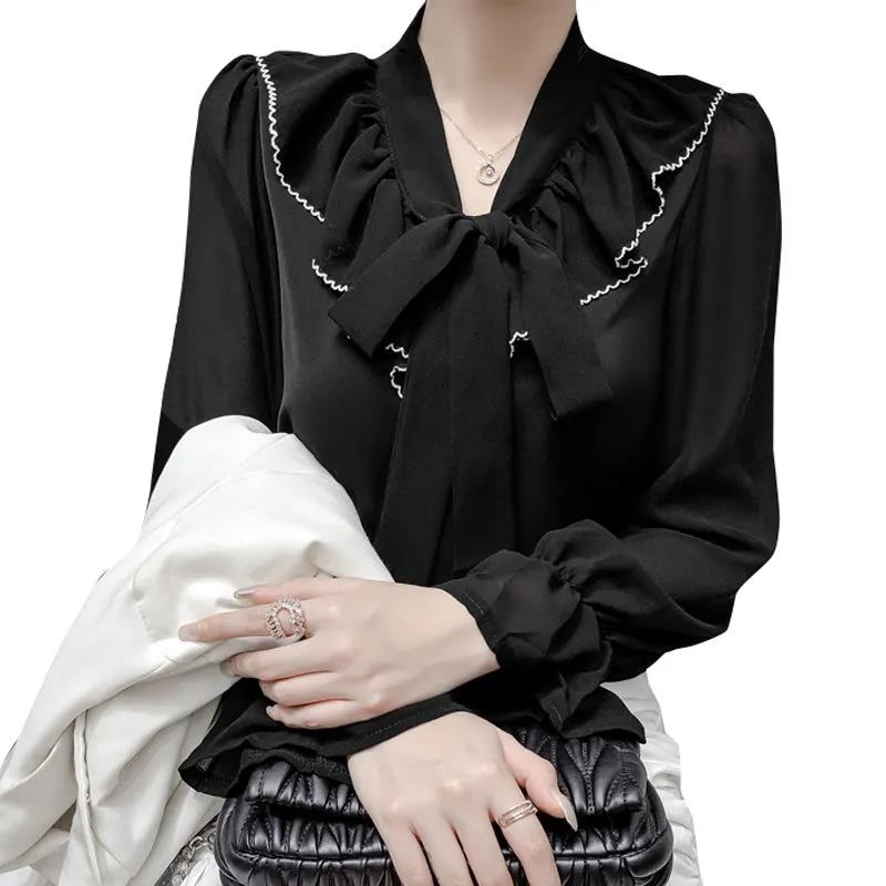 Spring and Summer Tied Wide Loose Long-sleeved Bow-knot Shirt Female Design Sense Niche Chiffon Shirt Top Trumpet Sleeve Bow Neckline Lady