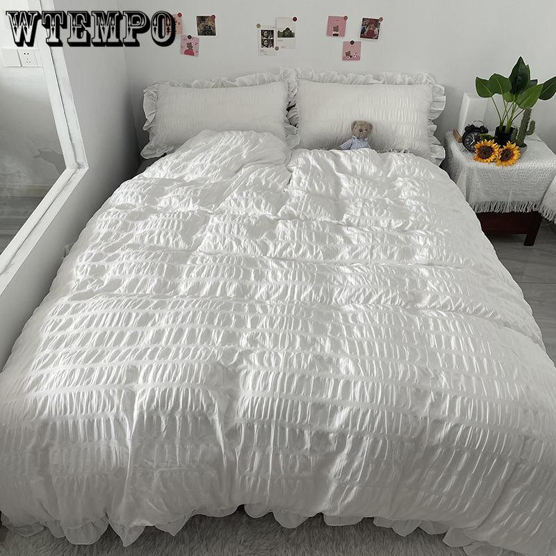 Princess Style Washed Cotton Seersucker Four-piece Solid Color Bedding Quilt Cover Sheet Four Seasons Universal