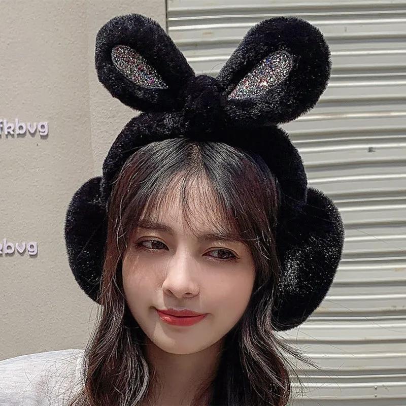 Women's Winter Soft Cute Rabbit Ear Bowknot Sequins Earmuffs Warm Cycling Ear Protection Windproof Antifreeze Plush Ear Pad Cover Rabbit Ears Earflap