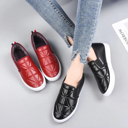 Winter Plus Velvet Leather Cotton Shoes Women's Leisure Waterproof and Warm Leather Surface Korean One-step Flat-bottomed Cotton Shoes