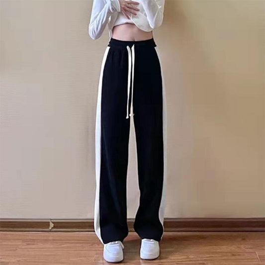 Sports pants spring and autumn striped color contrast loose and thin high waist vertical straight pants casual wide leg pants women