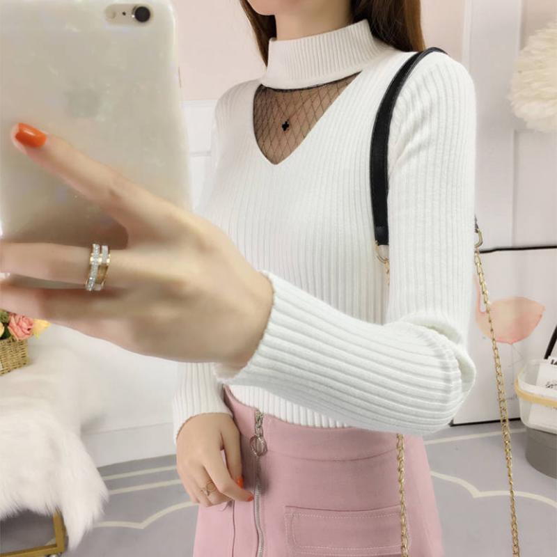 Pofulove sweater women's autumn new V-neck hollow lace winter coat thick long-sleeved bottoming shirt women