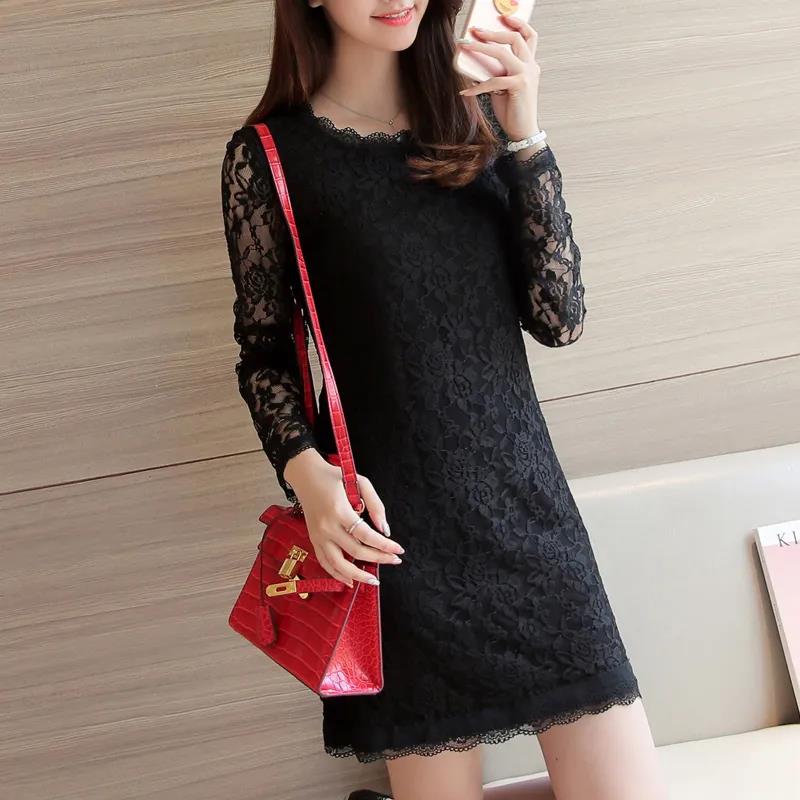 Large Size Lace Dress Women Long Sleeve Midi Skirt Slim Elegant Bottoming Skirt Summer Long