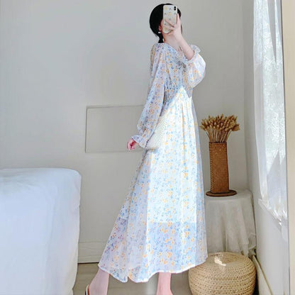Sweet and Lovely Gentle Style Long Sleeve Long Skirt V-neck Chiffon Floral Dress Elegant Temperament Chiffon Fabric Light and Breathable