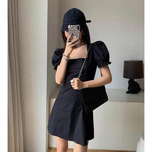Black Mid-length Dress Summer Square Collar Waist Thin Skirt Puff Sleeve High-waisted A-line Skirt