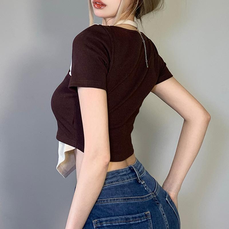 Fashion Trend Color Matching Fake Two-piece T-shirt Street Personality Chain Hanging Neck Hollow Irregular Girl Sexy Top