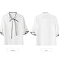 Large Size Women's Short-sleeved Chiffon Shirt Summer Shirt Loose and Thin Bow Ruffled Blouse Black and White Shirt Elegant Temperament Lady Fan