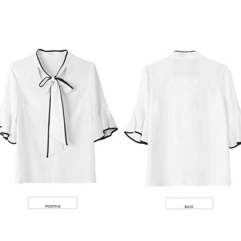 Large Size Women's Short-sleeved Chiffon Shirt Summer Shirt Loose and Thin Bow Ruffled Blouse Black and White Shirt Elegant Temperament Lady Fan