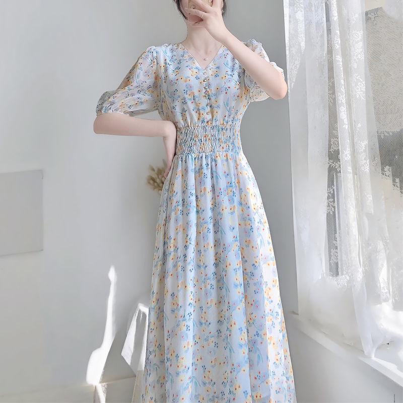Sweet and Lovely Gentle Style Long Sleeve Long Skirt V-neck Chiffon Floral Dress Elegant Temperament Chiffon Fabric Light and Breathable