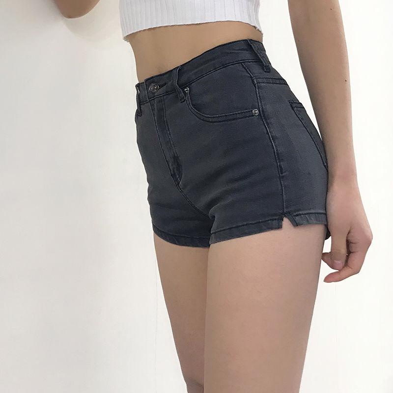 Retro High Waist Slimming Side Slit Denim Shorts Female Summer Stretch All-match Long Hip Pants
