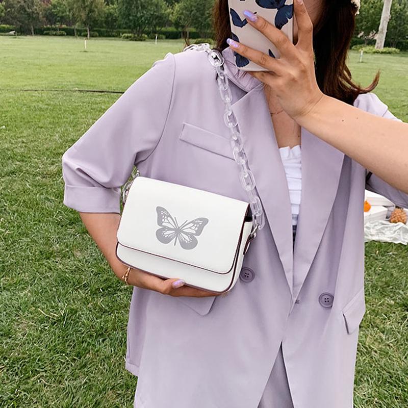 Butterfly Print Chain Shoulder Bags Casual Female Crossbody Bags Portable PU Leather Multi-Layer Transparent Chain Handbag