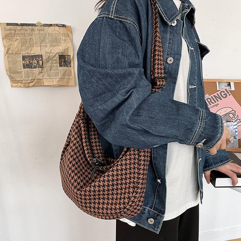 Women Houndstooth Diagonal Bag Canvas Travel Casual Large Daily Shoulder Tote Shopper Handbag Simple