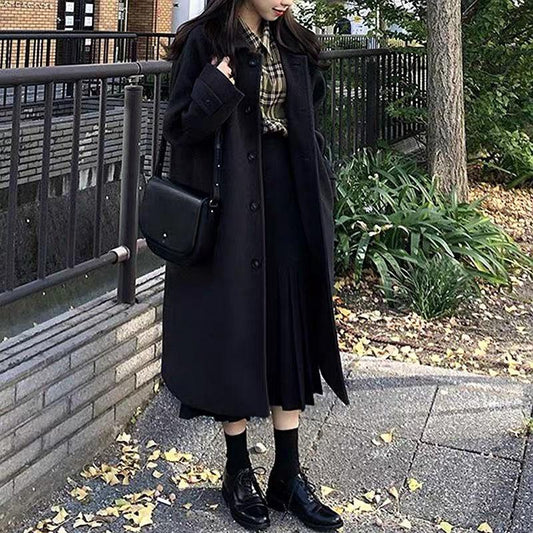 Woolen Coat Women Mid-length Winter Korean Thick Cotton Hepburn Style Black Woolen Coat Temperament