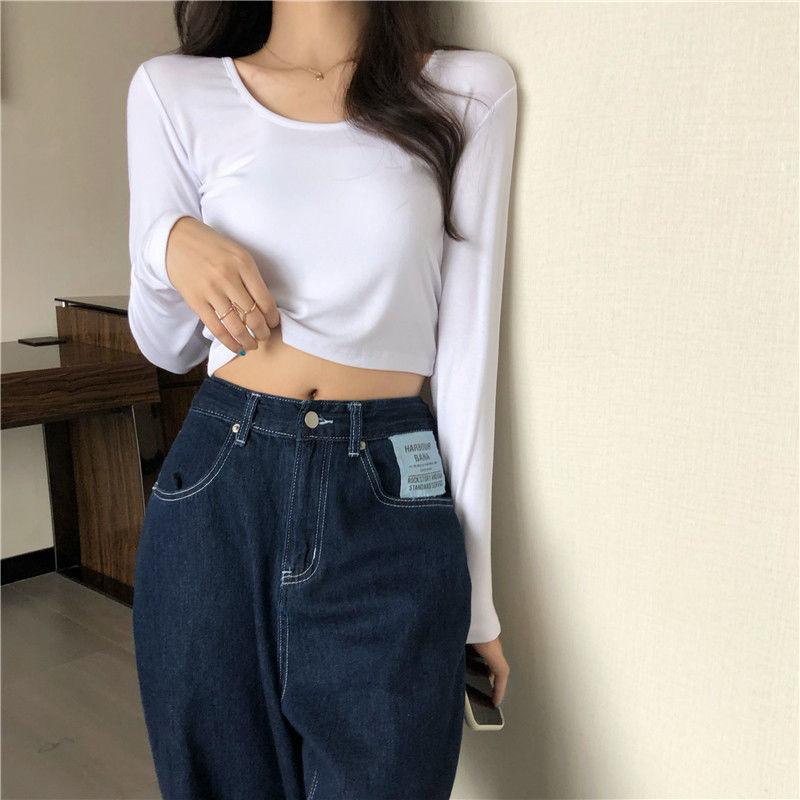 Spring Fall Summer Fashion Women Clothes Cotton Round Collar Long Sleeves Elastic High Waist Sexy Pullover