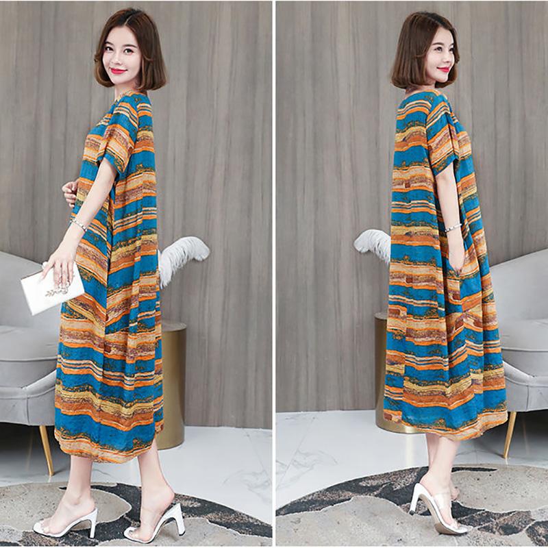 Women's Summer Loose Dress Large Size Young Cover Belly Look Thin Striped Mid-length Skirt Pocket  Loose