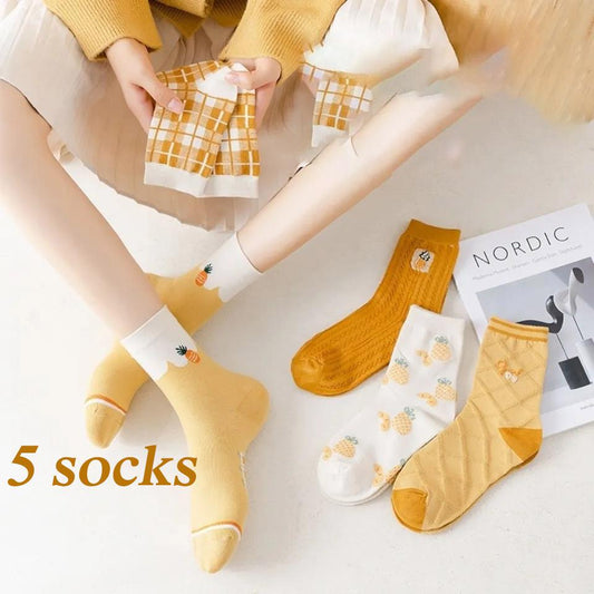 Five Pairs of Women's Socks Fashion Print Cartoon Pattern Socks Winter Thick Warm Pile Pile Socks