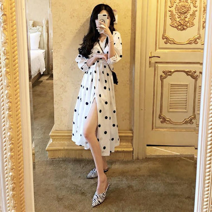 Black and White Point High Waist Temperament Was Thin V-neck Long Section Split Chiffon Dress