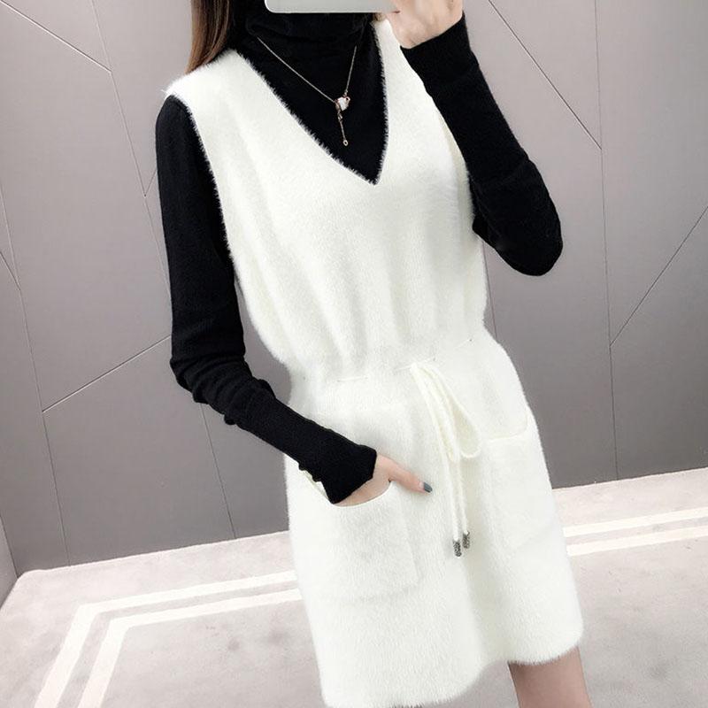 Autumn Mohair V-neck Sweater Skirt Knitting Versatile Sleeveless Vest Skirt Mid-length Casual Women's Vest Dress