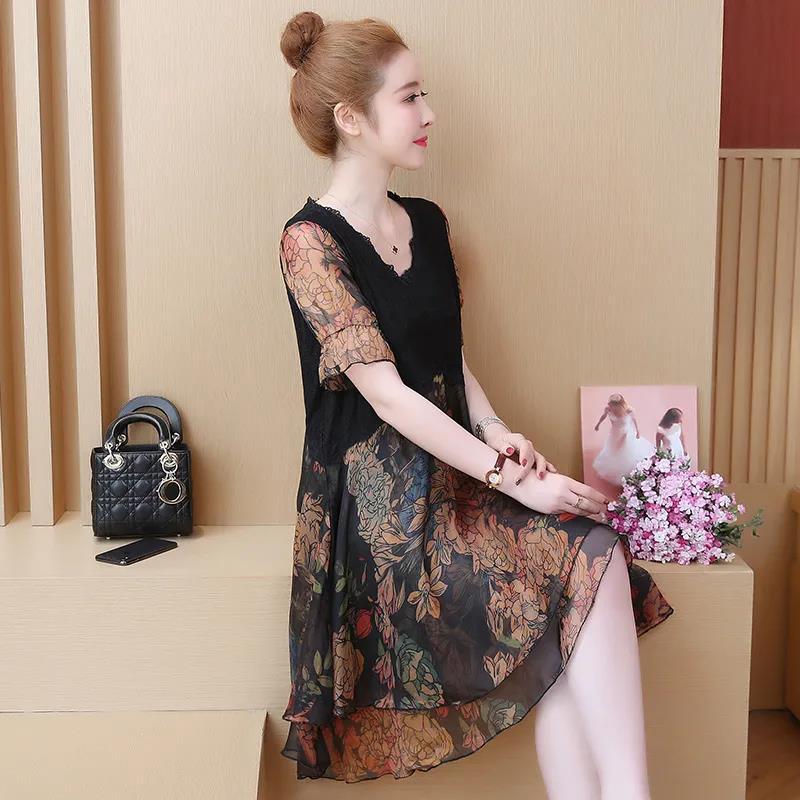 Large Size L-XXXXXL Women's Summer Dress Chiffon Veil Printing Above Knee V-neck Ruffle