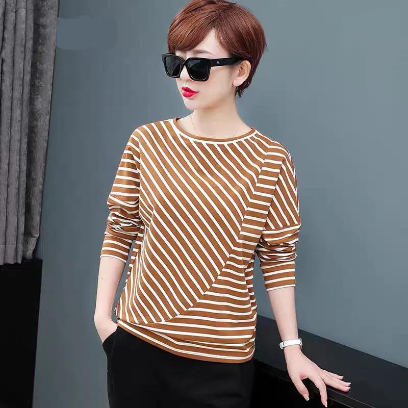Women's Spring and Autumn Large Size T-shirt  Loose Bottoming Shirt Round Neck Striped Long Sleeve All-match Top