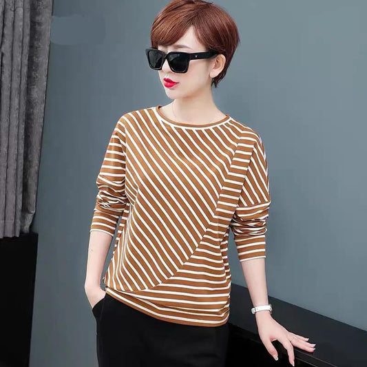 Women's Spring and Autumn Large Size T-shirt  Loose Bottoming Shirt Round Neck Striped Long Sleeve All-match Top