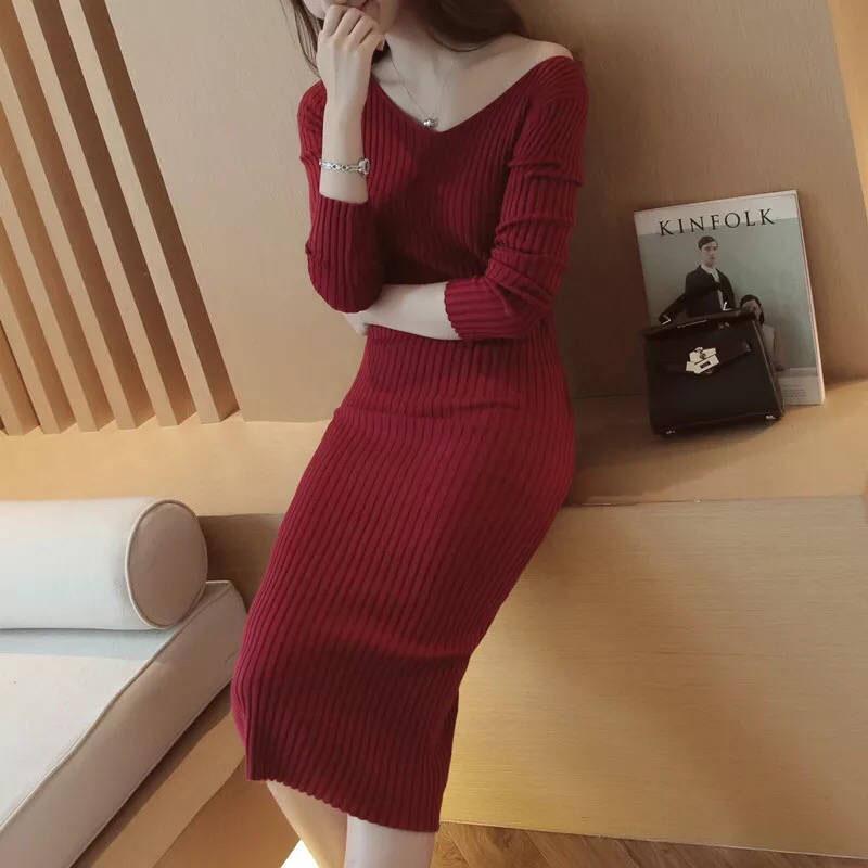 Red Sexy Dress Women's Slim Fit V-neck Mid-length Base Sweater Long Skirts Over-the-Knee Tight-Fit