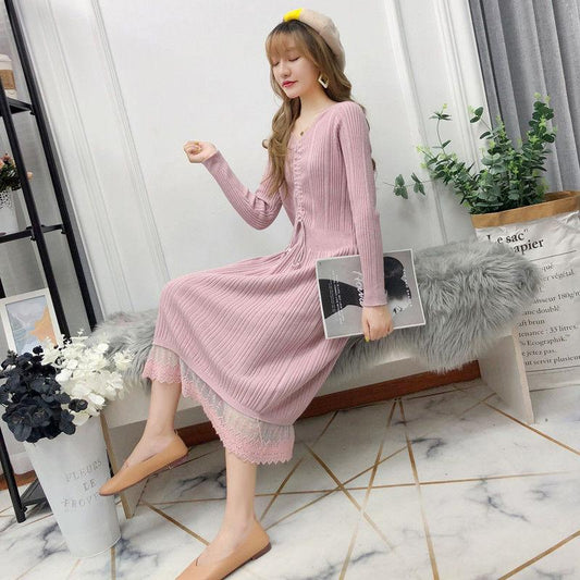 Pofulove 6 Colors Women Pretty Sweater Dress Long Section Turtleneck Lace Knitted Skirt Pullover