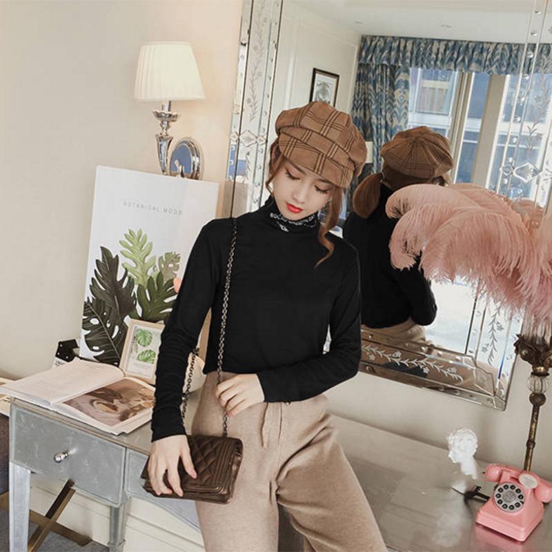 Pofulove Women's Turtleneck Thick Sweater Winter Plus Velvet Turtleneck Long-sleeved Wild Shirt