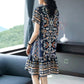 Ethnic Print Silk Dress Summer Round Neck Loose Plus Size Knee-length Light and Cool Floral A-line skirt