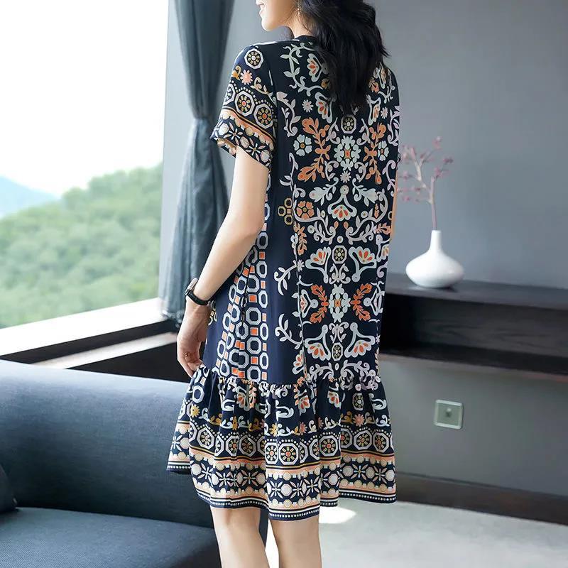 Ethnic Print Silk Dress Summer Round Neck Loose Plus Size Knee-length Light and Cool Floral A-line skirt