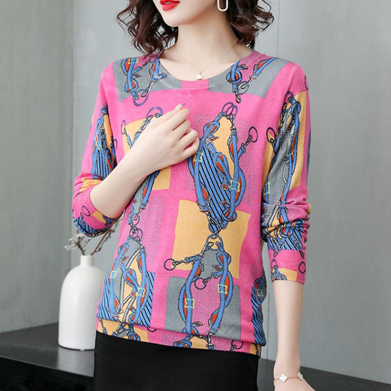 Autumn  Winter Vintage Printed O-Neck Sweater Long Sleeve Pullover Loose Plus Size Wool Blend Sweater Women Knitwear Female Knit Jumper Tops
