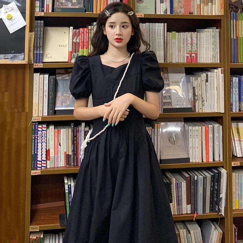 Women's Summer Puff Sleeve Dress Solid Color Slim Square Collar Long Dress