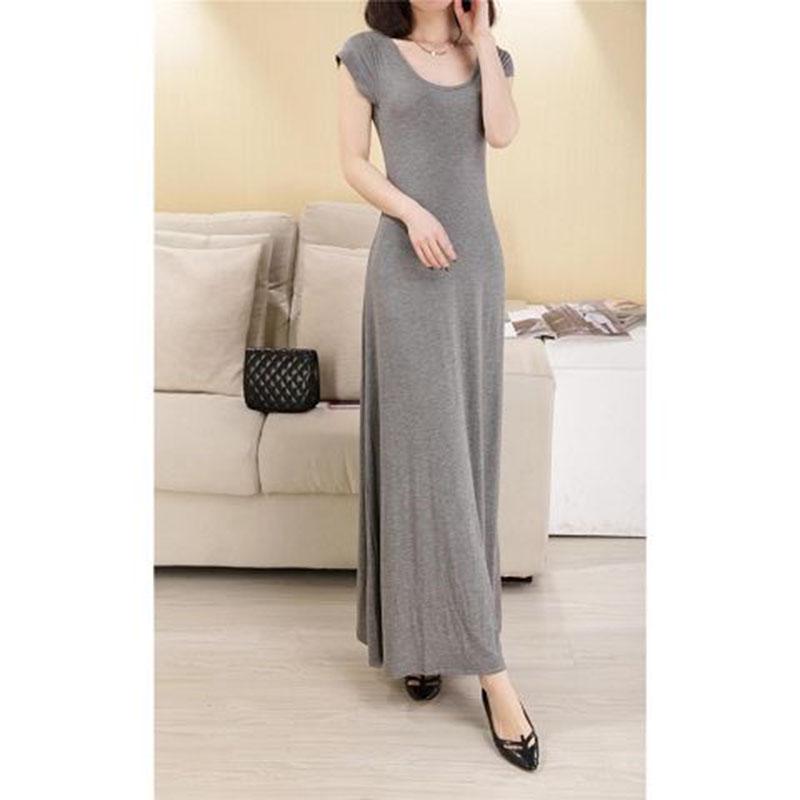 Fashion Long Maxi Dress Cotton Short Sleeve Crew Neck Elastic Backless Summer Dress Party Dress