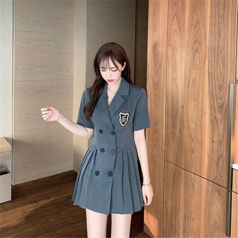 Retro College Dress Women's Summer Dress Waist Slim Temperament A-shaped Short-sleeved Suit Skirt Ladies Short Dress Coat