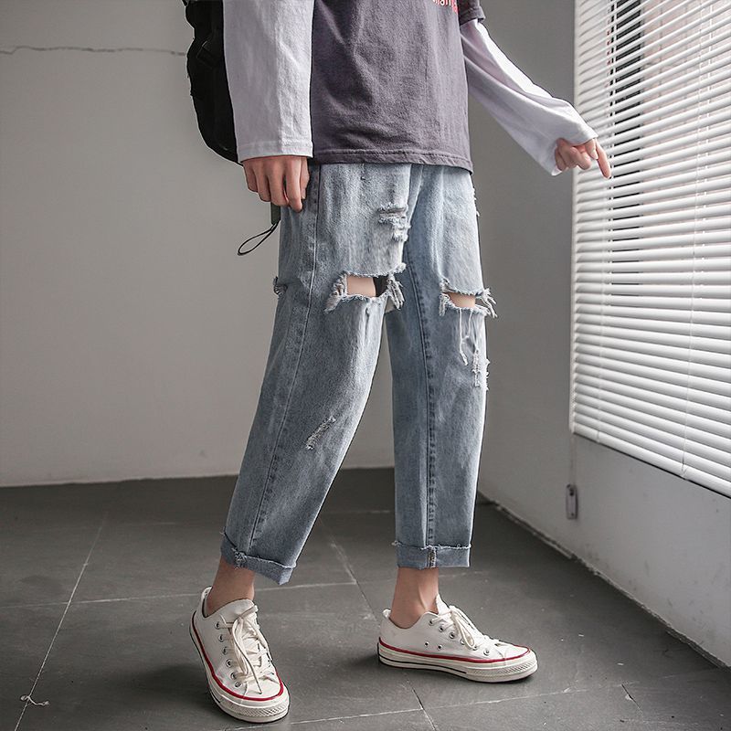 Summer Big Ripped Jeans Men's Loose Straight Leg Raw Edge Nine-point Pants Men's All-match Casual Pants