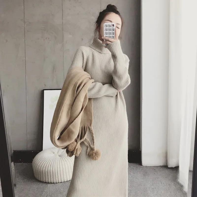 Autumn and Winter Women's Wool Sweater Warm High Neck Sweater Casual Loose Thickening Slimming Over The Knee Long Sweater Knitted Pull Pullover