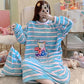 Large Size Women's Winter Warm Coral Fleece Stripes Nightdress Cute Cartoon Printing Pyjama Plus Fat Oversize Long-sleeves Pajamas Flannel Home Wear